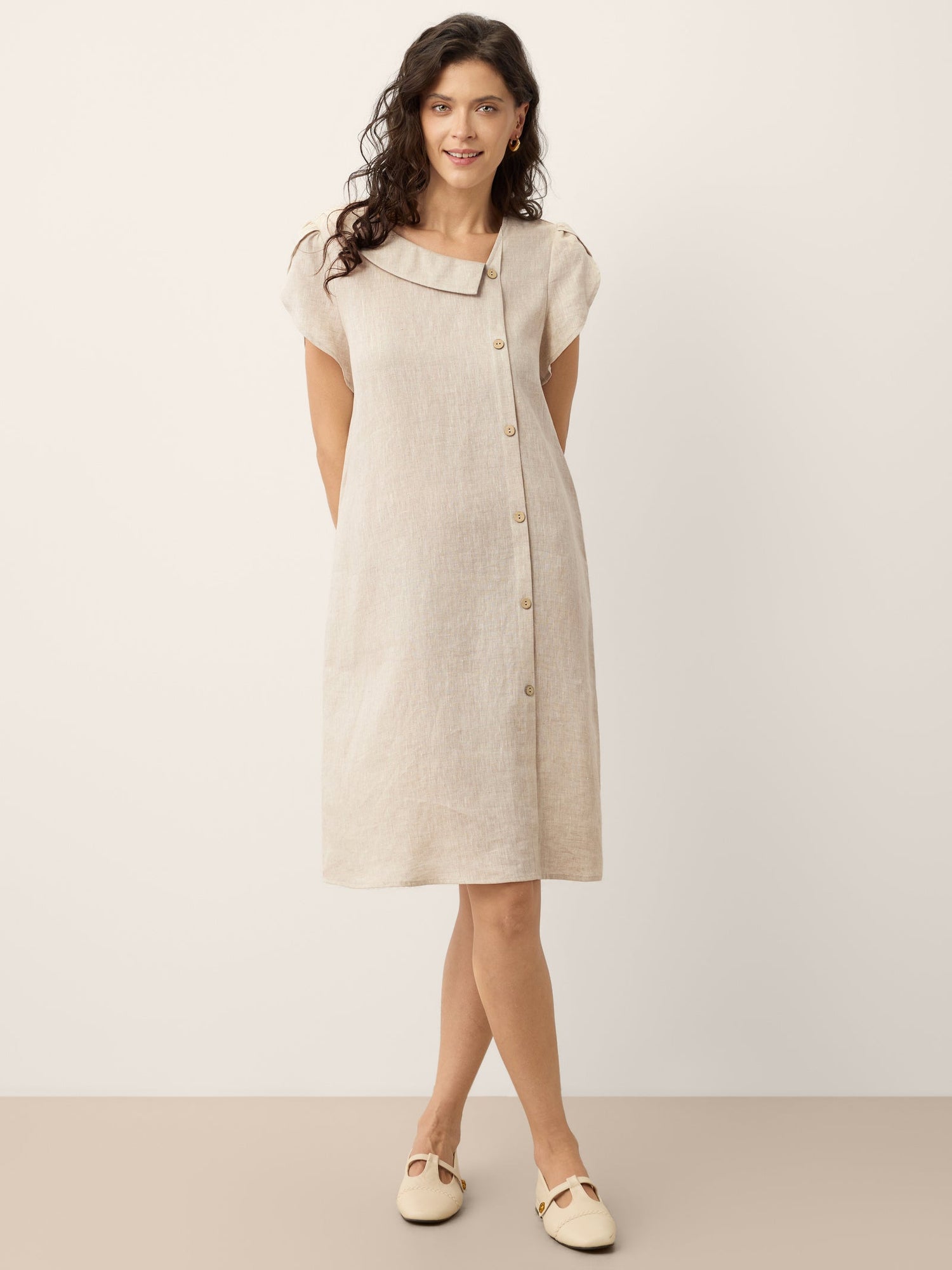 100% Linen Crescent Collar Ruffle Sleeve Mini Dress THERESA - Glamourous Grace