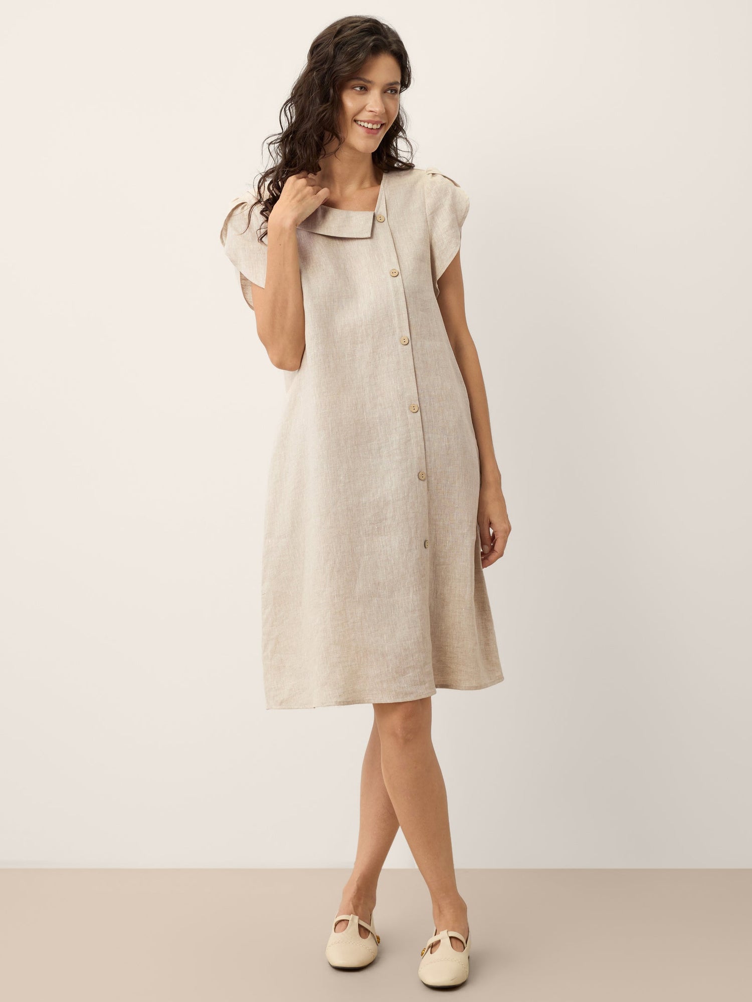 100% Linen Crescent Collar Ruffle Sleeve Mini Dress THERESA - Glamourous Grace