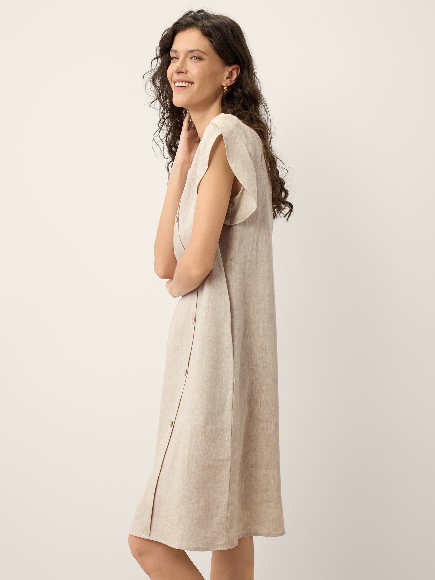 100% Linen Crescent Collar Ruffle Sleeve Mini Dress THERESA - Glamourous Grace