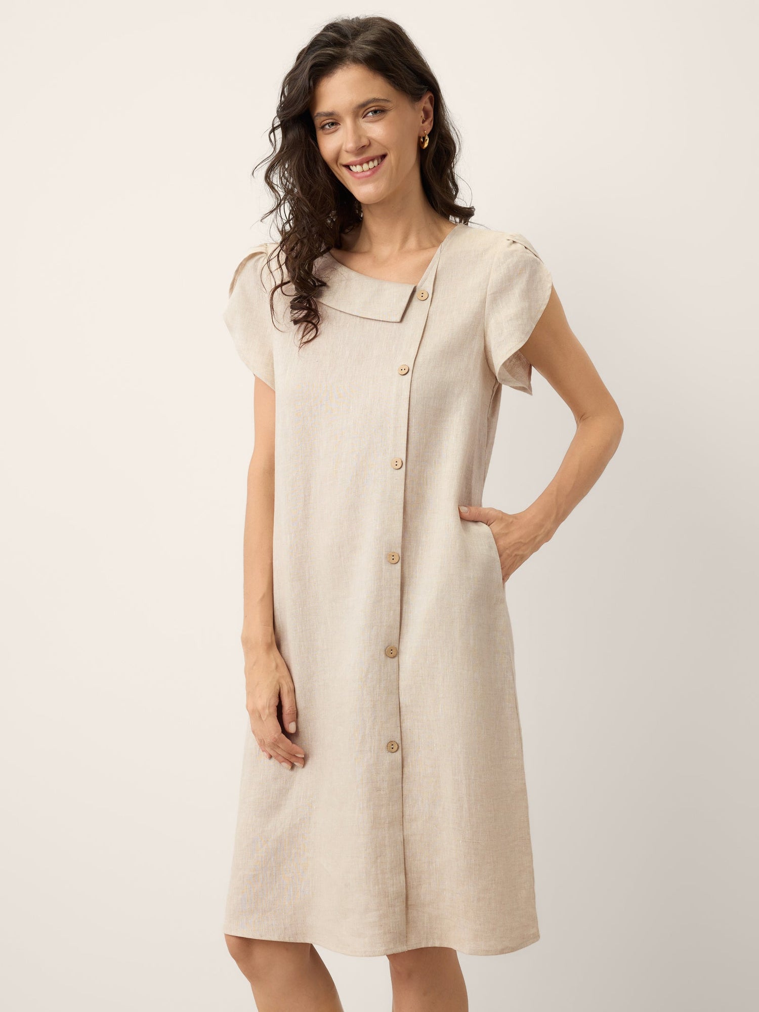 100% Linen Crescent Collar Ruffle Sleeve Mini Dress THERESA - Glamourous Grace