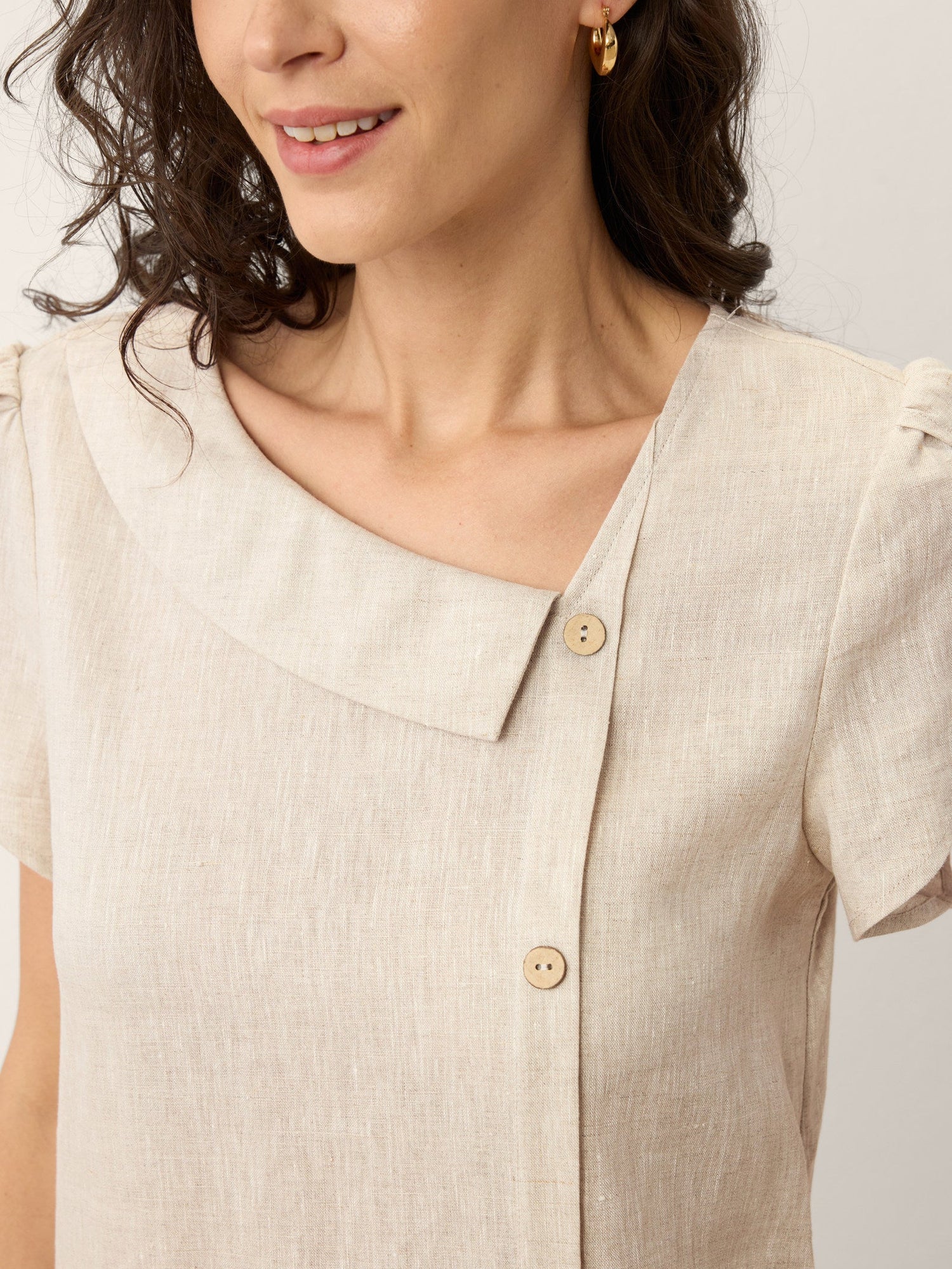 100% Linen Crescent Collar Ruffle Sleeve Mini Dress THERESA - Glamourous Grace