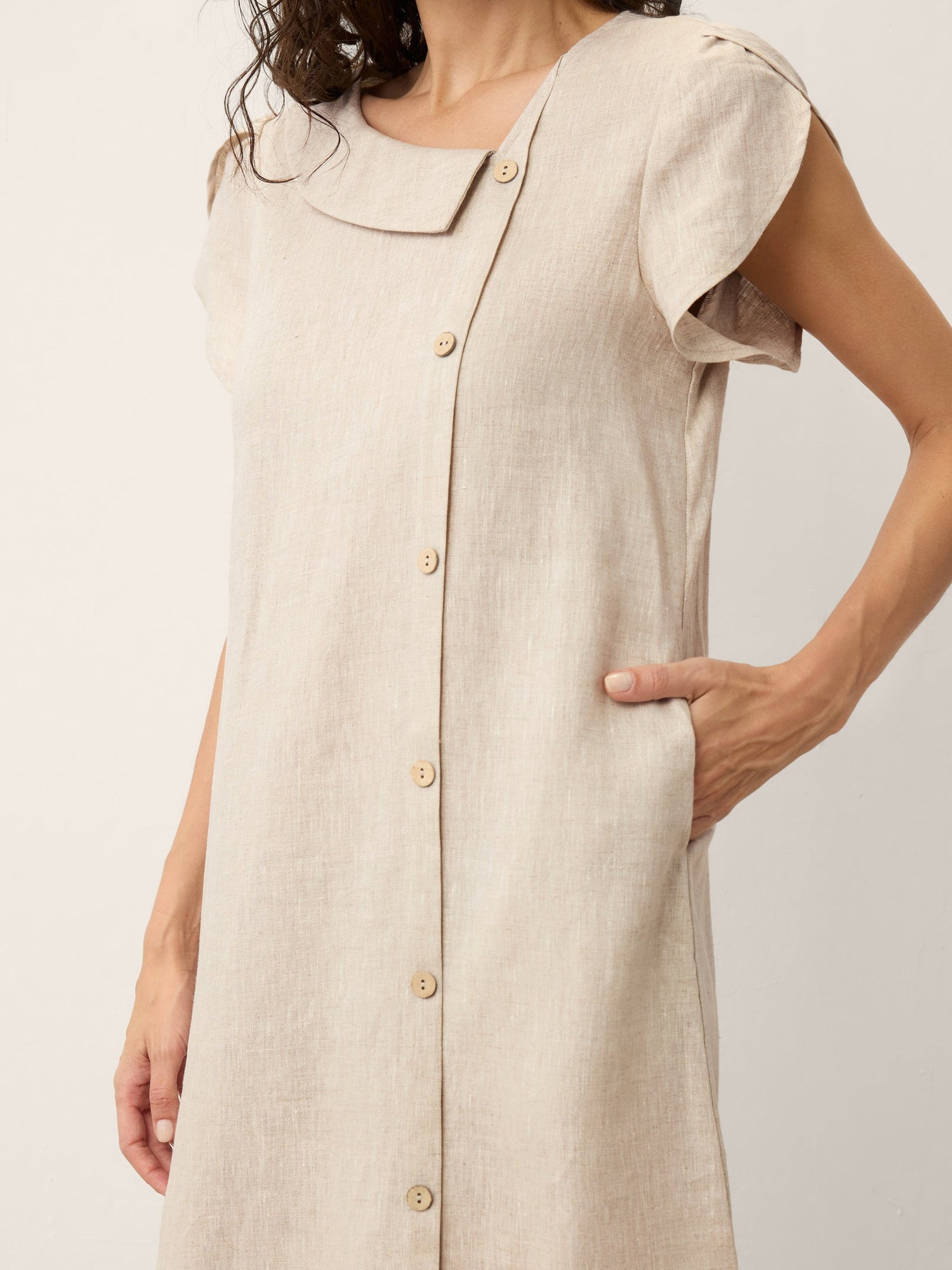 100% Linen Crescent Collar Ruffle Sleeve Mini Dress THERESA - Glamourous Grace
