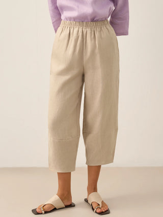 Taupe 100% linen crop pants by LINTICO, stylish and breathable bottoms with a relaxed fit for casual wear.