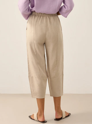 LINTICO 100% linen crop pants RORY in taupe, featuring a relaxed fit and lightweight breathable fabric for casual wear.