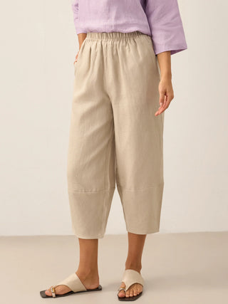 LINTICO 100% linen crop pants Rory in taupe, stylish and breathable bottoms with a relaxed fit, perfect for warm weather.
