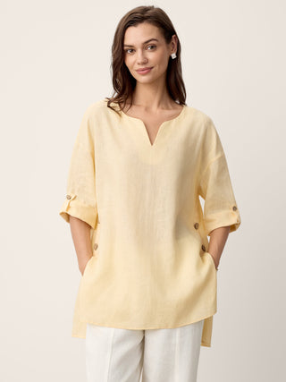 LINTICO 100% linen oversized top with curved hem in soft butter color, relaxed fit, stylish and breathable for casual wear.
