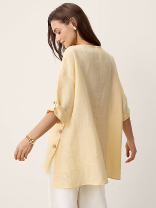 LINTICO Daphnea 100% linen oversized curved-hem top in soft butter color, casual and comfortable women's linen top.