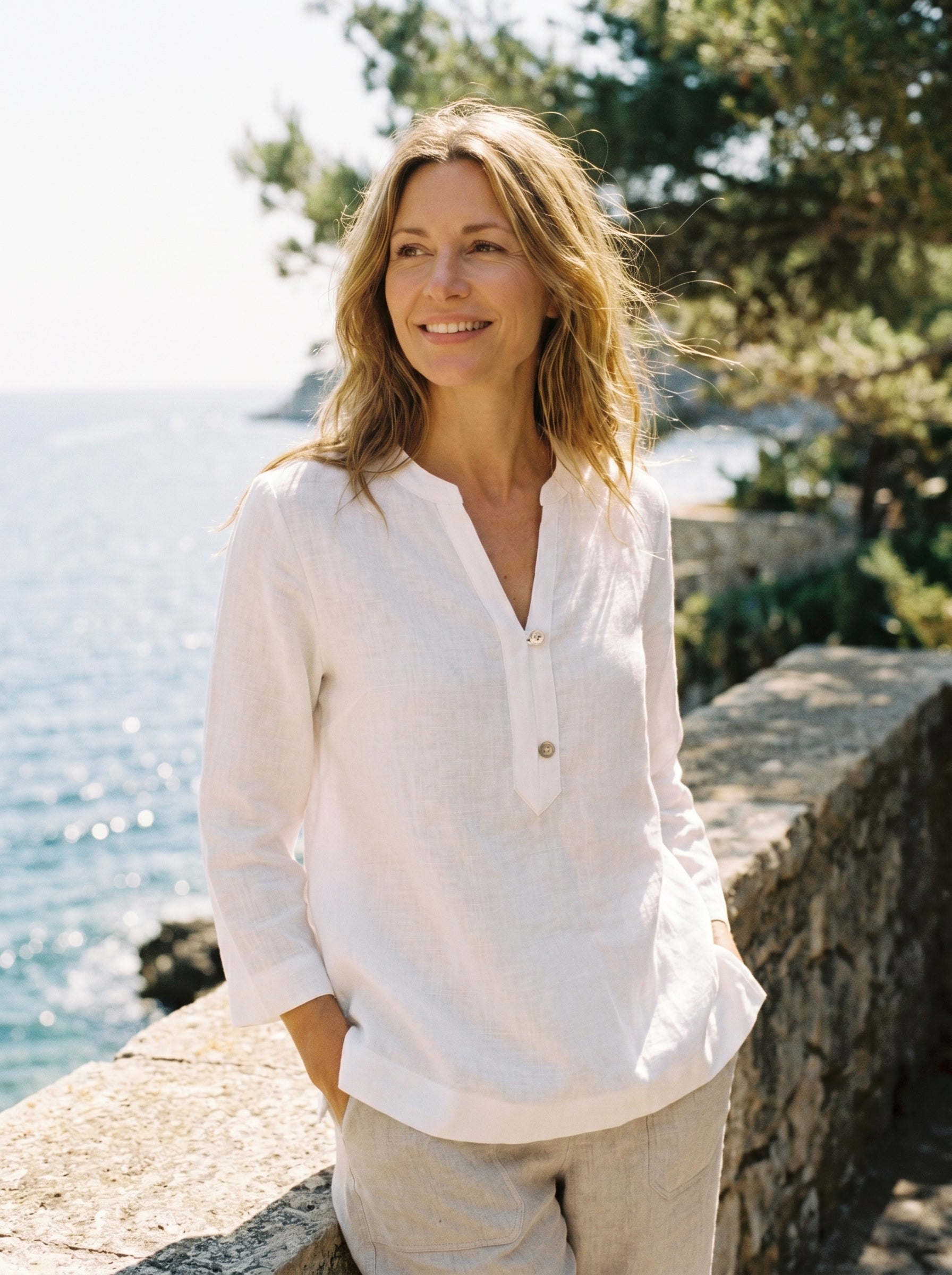 100% Linen Deep V-Neck Pullover with Button-Trim JOLYNE - Glamourous Grace