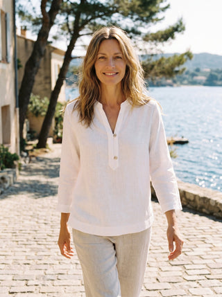100% Linen Deep V-Neck Pullover with Button-Trim JOLYNE - Glamourous Grace