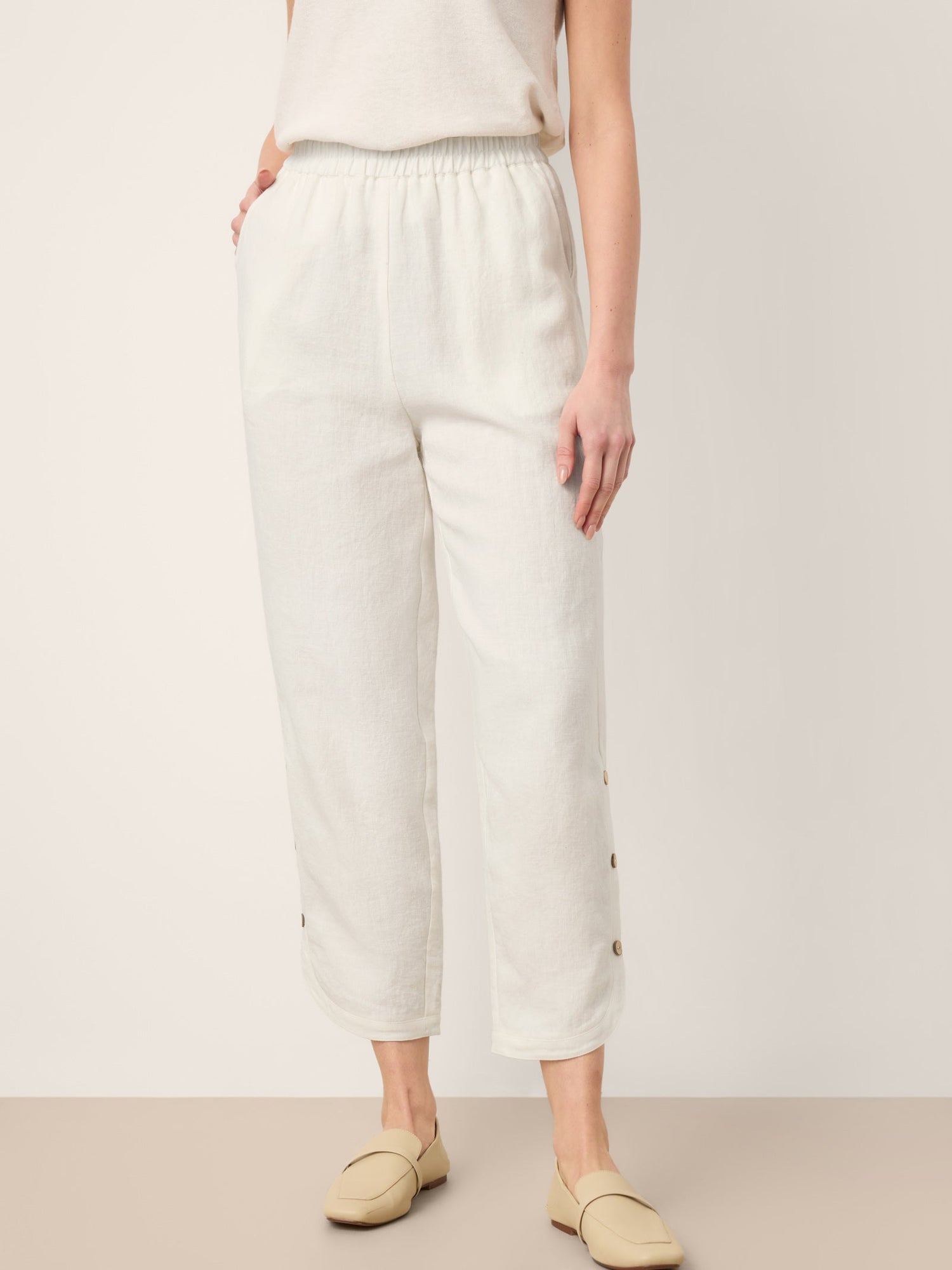 100% Linen Double Pleat Button Hem Pull-On Pants LINDSEY - Glamourous Grace