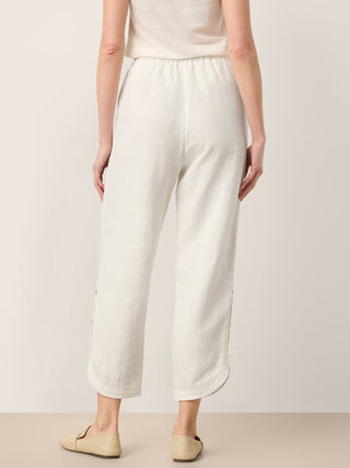 LINTICO Lindsey 100% linen double pleat pull-on pants with button hem in optic white, casual and comfortable for everyday wear.