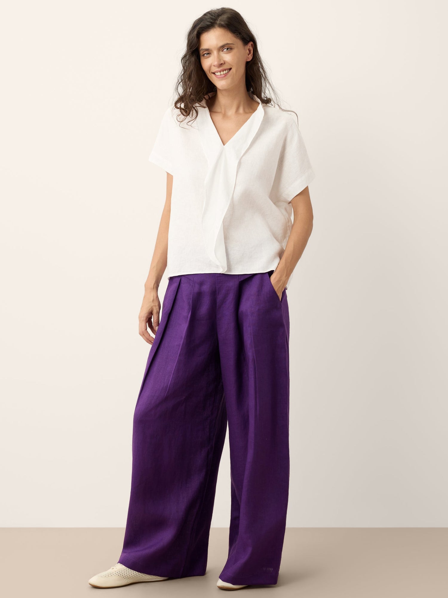 100% Linen Double Ruffle Soft Collar Top VERONICA - Glamourous Grace