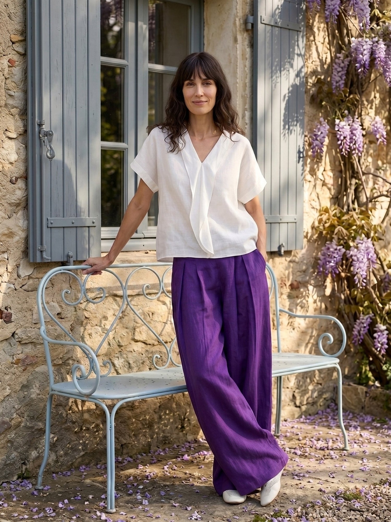 100% Linen Double Ruffle Soft Collar Top VERONICA - Glamourous Grace