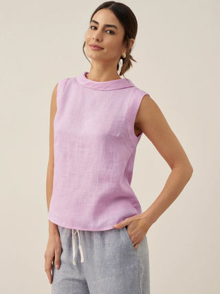 Lavender linen tank top with draped collar from LINTICO's Jacqueline collection, stylish sleeveless top for casual wear.