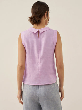 Lavender linen draped collar tank top by LINTICO, stylish sleeveless top with a relaxed fit and elegant draped neckline.