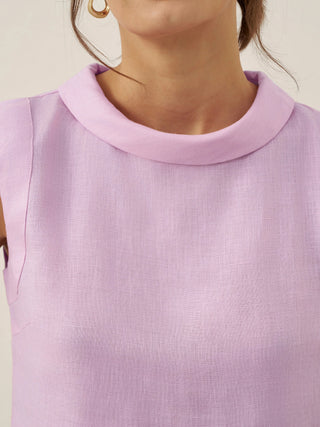 Lavender linen tank top with draped collar from LINTICO's Jacqueline collection, casual sleeveless top for warm weather.