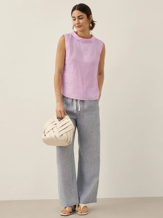 Lavender linen tank top with draped collar from LINTICO's Jacqueline collection, sleeveless design, casual summer style.