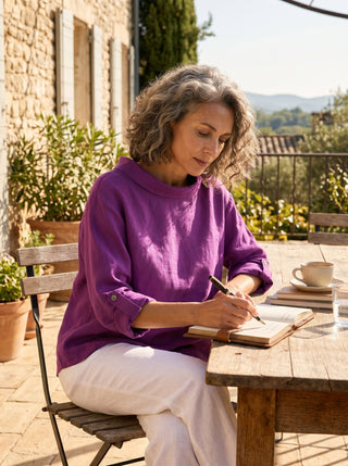 LINTICO Hollis 100% linen draped neck top, stylish blouse with relaxed fit and elegant design, shown on a hanger.