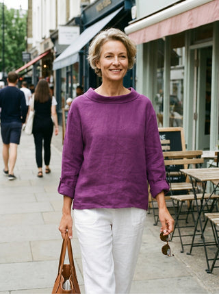LINTICO 100% linen draped neck top, stylish blouse with flowing fabric and relaxed fit, perfect for casual or elegant wear.