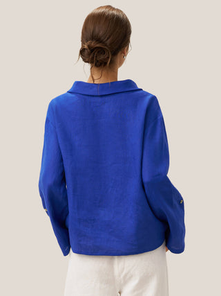 Royal blue linen draped neck top by LINTICO, stylish and lightweight blouse with a relaxed fit and elegant drape.
