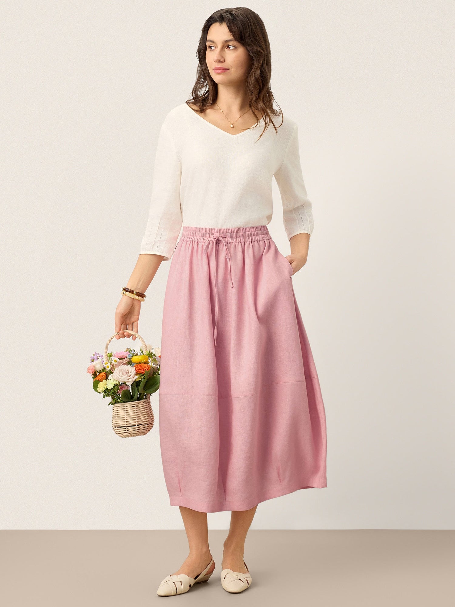 100% Linen Drawstring Lantern Maxi Skirt with Pockets ROXANNE - Glamourous Grace