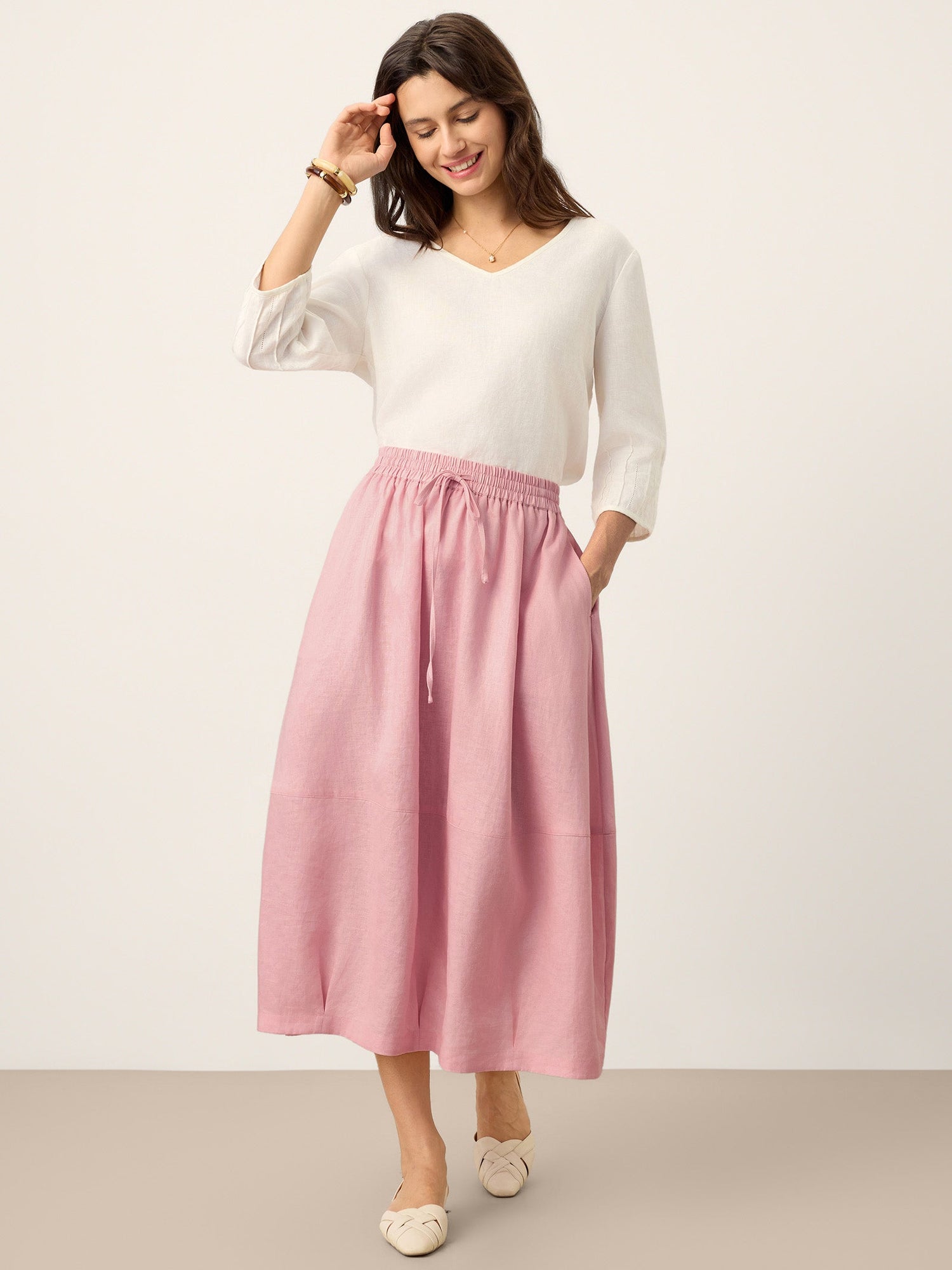 100% Linen Drawstring Lantern Maxi Skirt with Pockets ROXANNE - Glamourous Grace