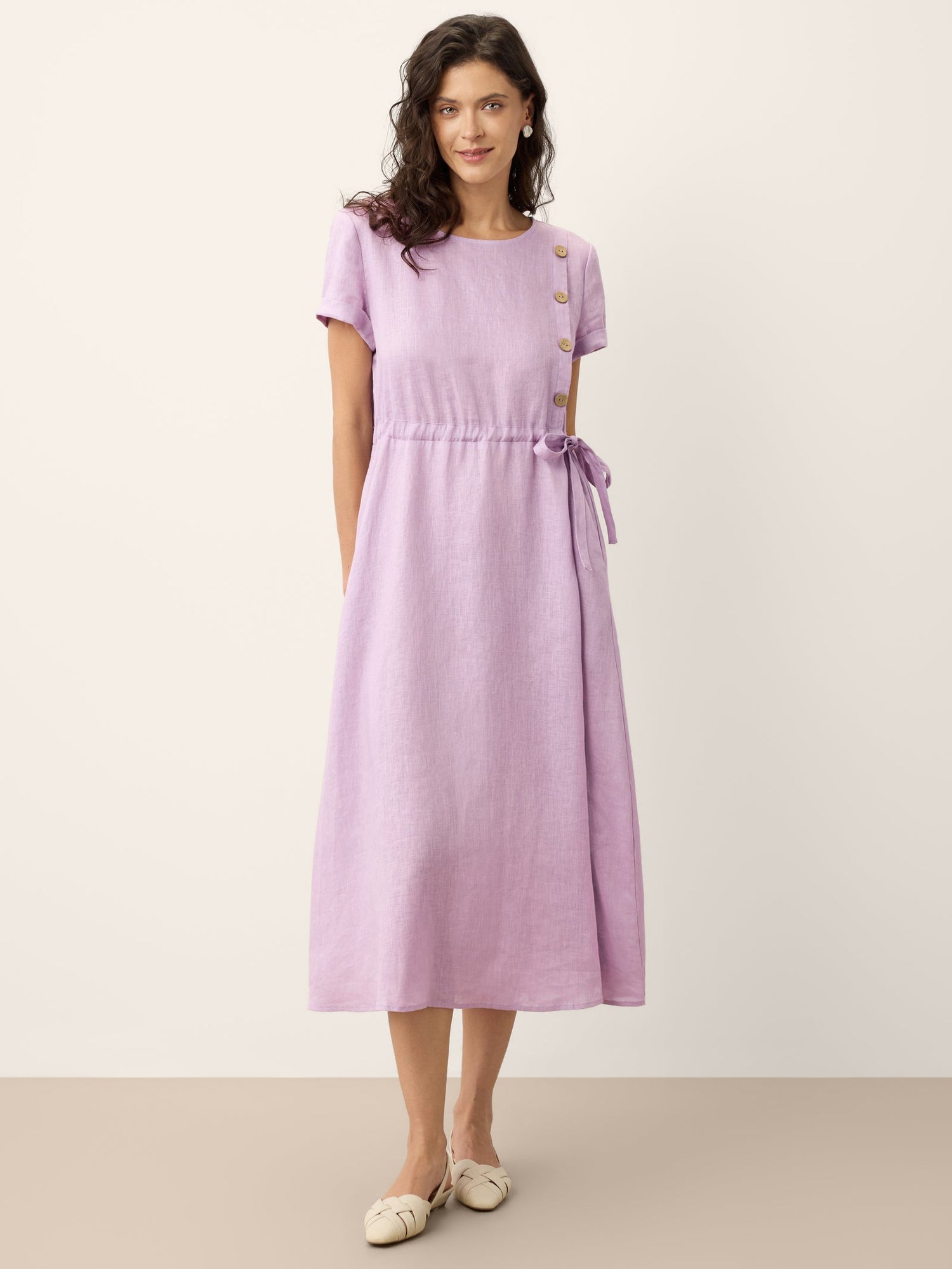 100% Linen Drawstring Waist Button Detail Maxi Dress SENNA - Glamourous Grace