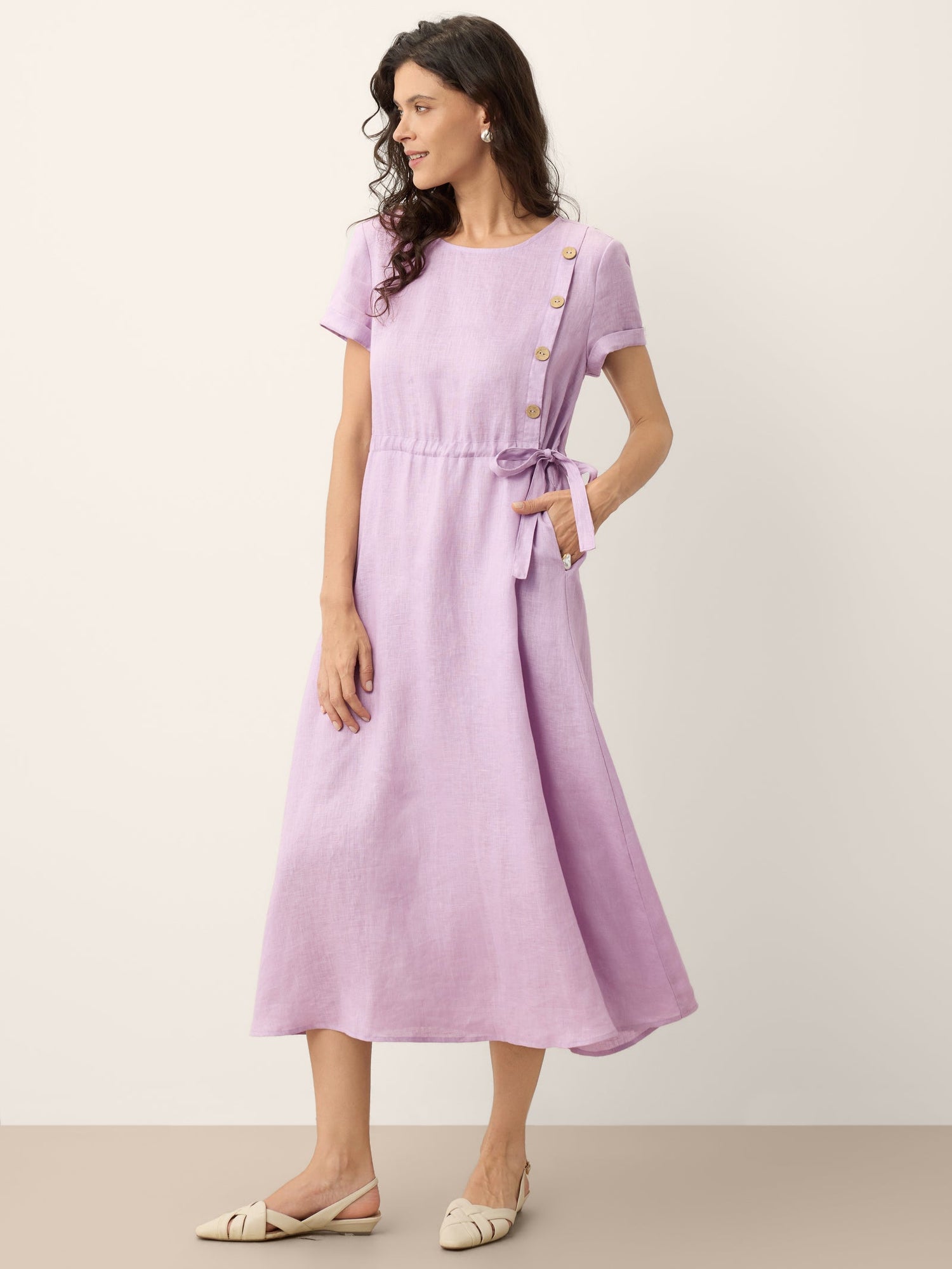 100% Linen Drawstring Waist Button Detail Maxi Dress SENNA - Glamourous Grace