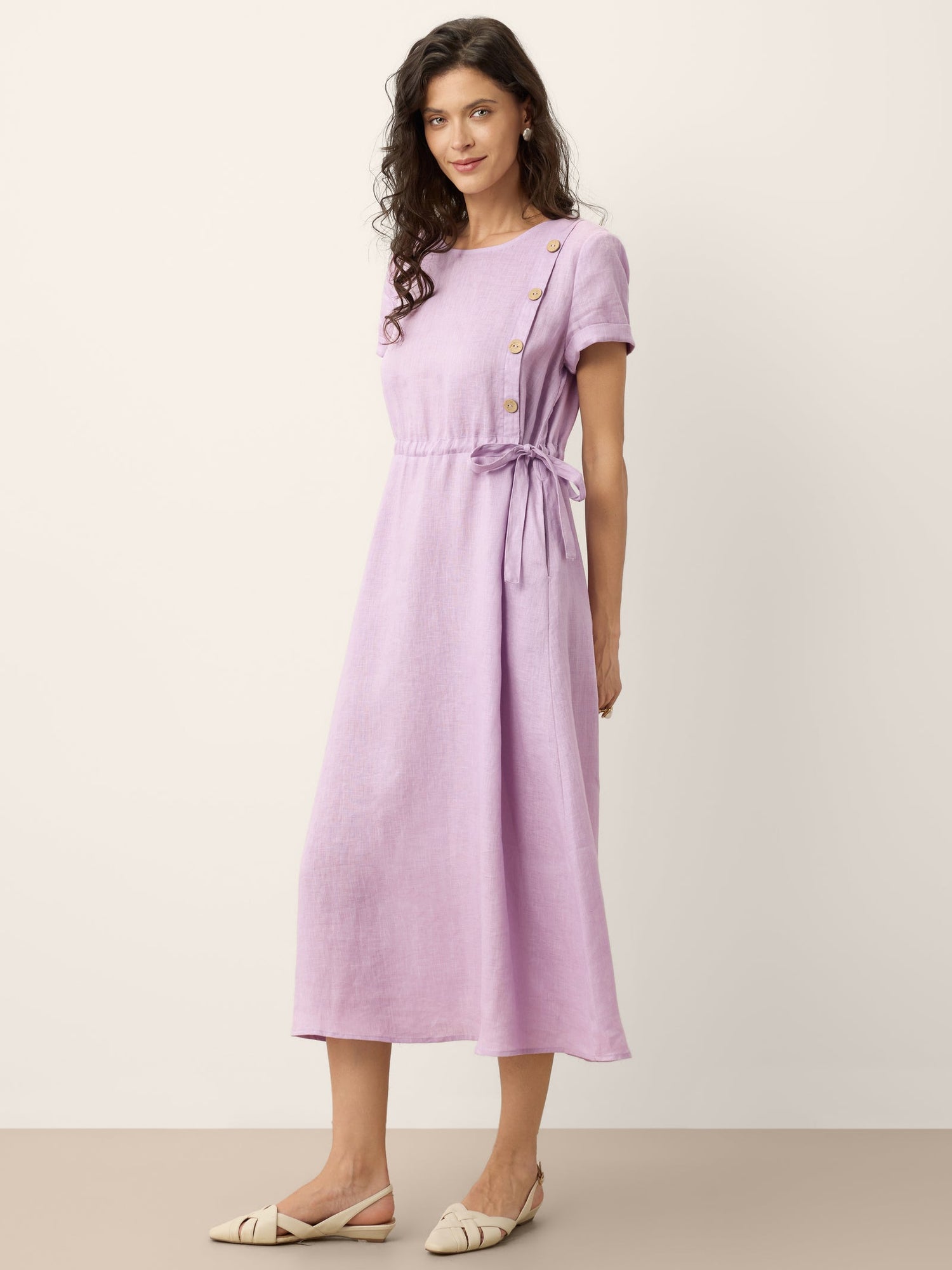 100% Linen Drawstring Waist Button Detail Maxi Dress SENNA - Glamourous Grace