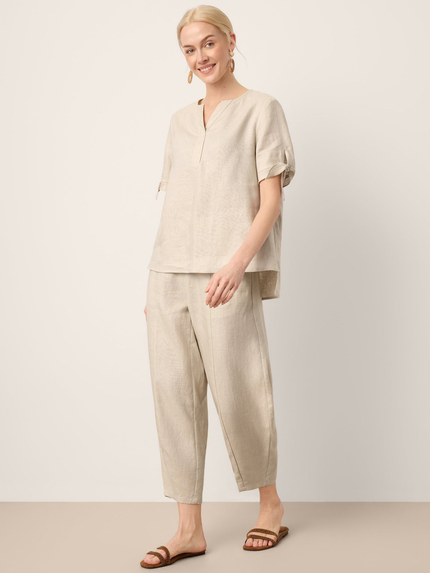 100% Linen Drawstring Waist Tapered Cropped Pants LANEY - Glamourous Grace