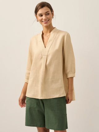 LINTICO Joanna butter yellow 100% linen dress shirt, long-sleeve blouse with collar, casual and breathable top for women.
