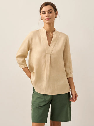 LINTICO Joanna butter yellow 100% linen dress shirt, lightweight blouse with classic collar and button front, casual summer top