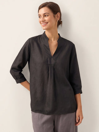 LINTICO Joanna 100% linen dress shirt in charcoal black, featuring a classic collar and button-front design.