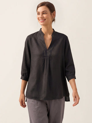 LINTICO Joanna 100% linen dress shirt in charcoal black, featuring a classic blouse style with a relaxed fit and button front.