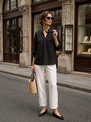 LINTICO Joanna 100% linen dress shirt in charcoal black, featuring a classic collar and button-down front, casual elegant top.