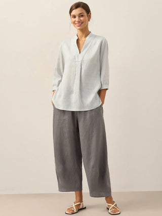 LINTICO Joanna mist blue 100% linen dress shirt, stylish and lightweight blouse with a classic collar and button front.