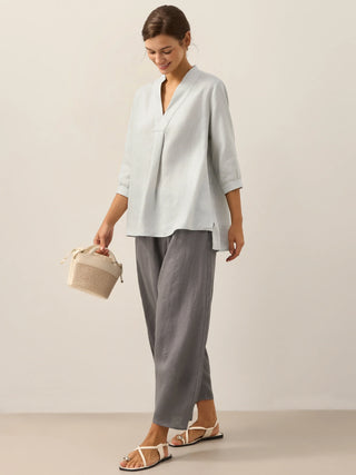 LINTICO Joanna mist blue 100% linen dress shirt, long-sleeve blouse with classic collar, lightweight and breathable for casual wear.