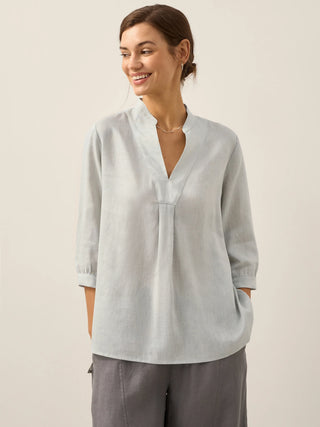 LINTICO Joanna 100% linen dress shirt in mist blue, lightweight blouse with classic collar and button front, tailored fit.