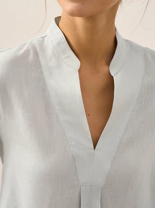 LINTICO Joanna 100% linen dress shirt in mist blue, long-sleeve blouse with a tailored fit and classic collar.