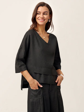 100% Linen Drop Shoulder Asymmetric Layered Hem Overtop VIOLA