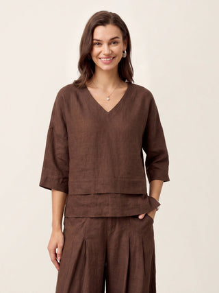 LINTICO 100% linen drop shoulder layered hem overtop in espresso brown, stylish asymmetric design, casual shirt for women.