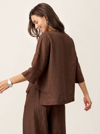 LINTICO 100% linen drop shoulder asymmetric layered hem overtop in espresso brown, casual and stylish linen shirt for women.
