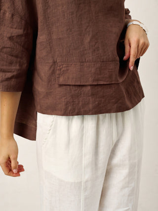 LINTICO 100% linen drop shoulder asymmetric layered hem overtop in espresso brown, casual stylish linen shirt.