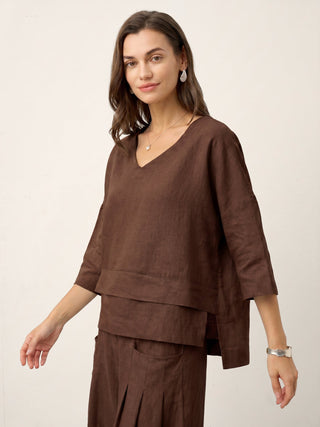 LINTICO 100% linen drop shoulder asymmetric layered hem overtop in espresso brown, casual stylish linen top for women.