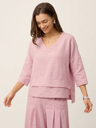 100% Linen Drop Shoulder Asymmetric Layered Hem Overtop VIOLA