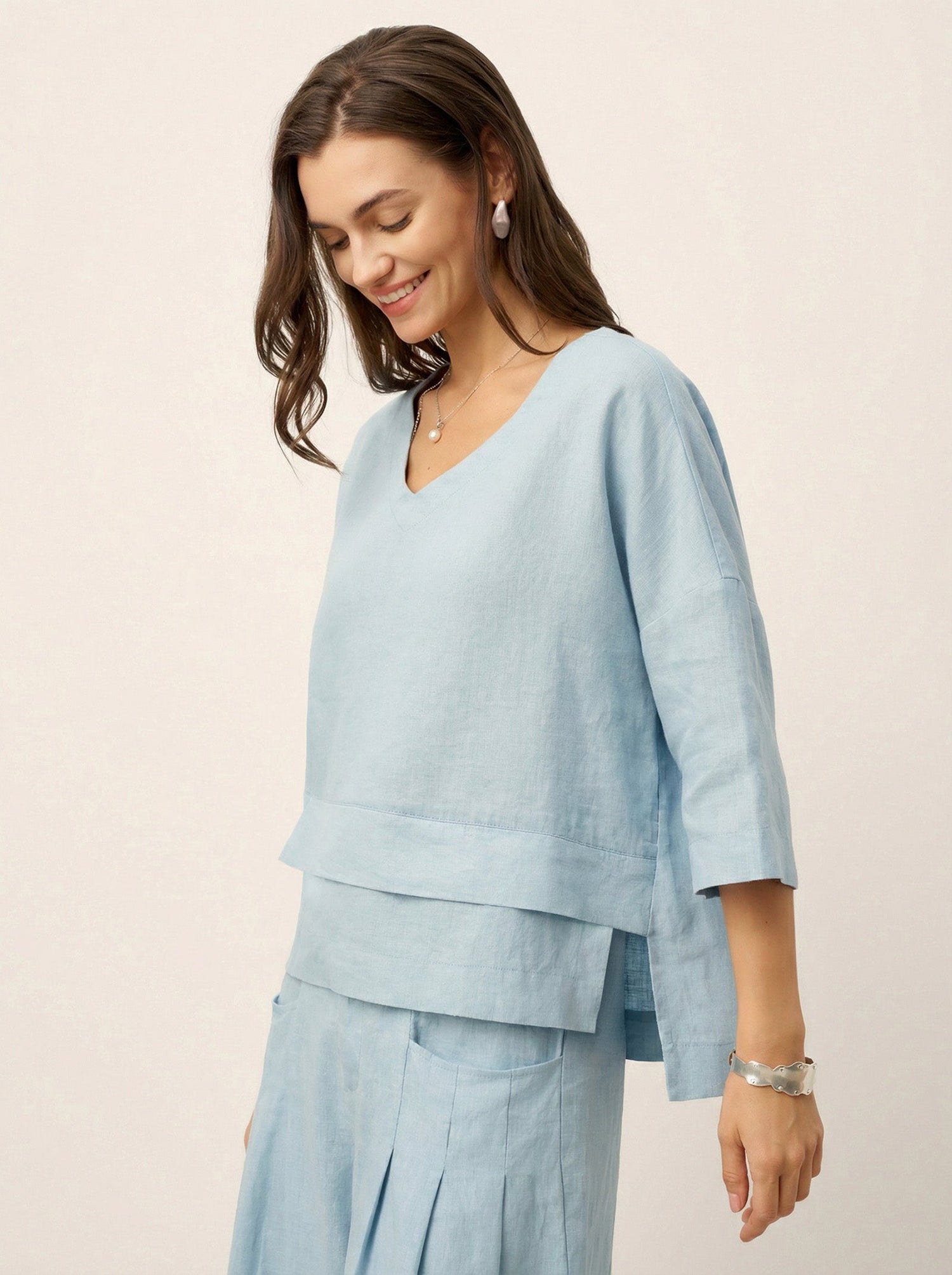 100% Linen Drop Shoulder Asymmetric Layered Hem Overtop VIOLA - Glamourous Grace