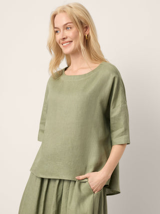 100% Linen Drop Shoulder Shirred Back High-Low Hem Top LINDSEY - Glamourous Grace