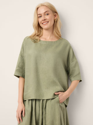 100% Linen Drop Shoulder Shirred Back High-Low Hem Top LINDSEY - Glamourous Grace