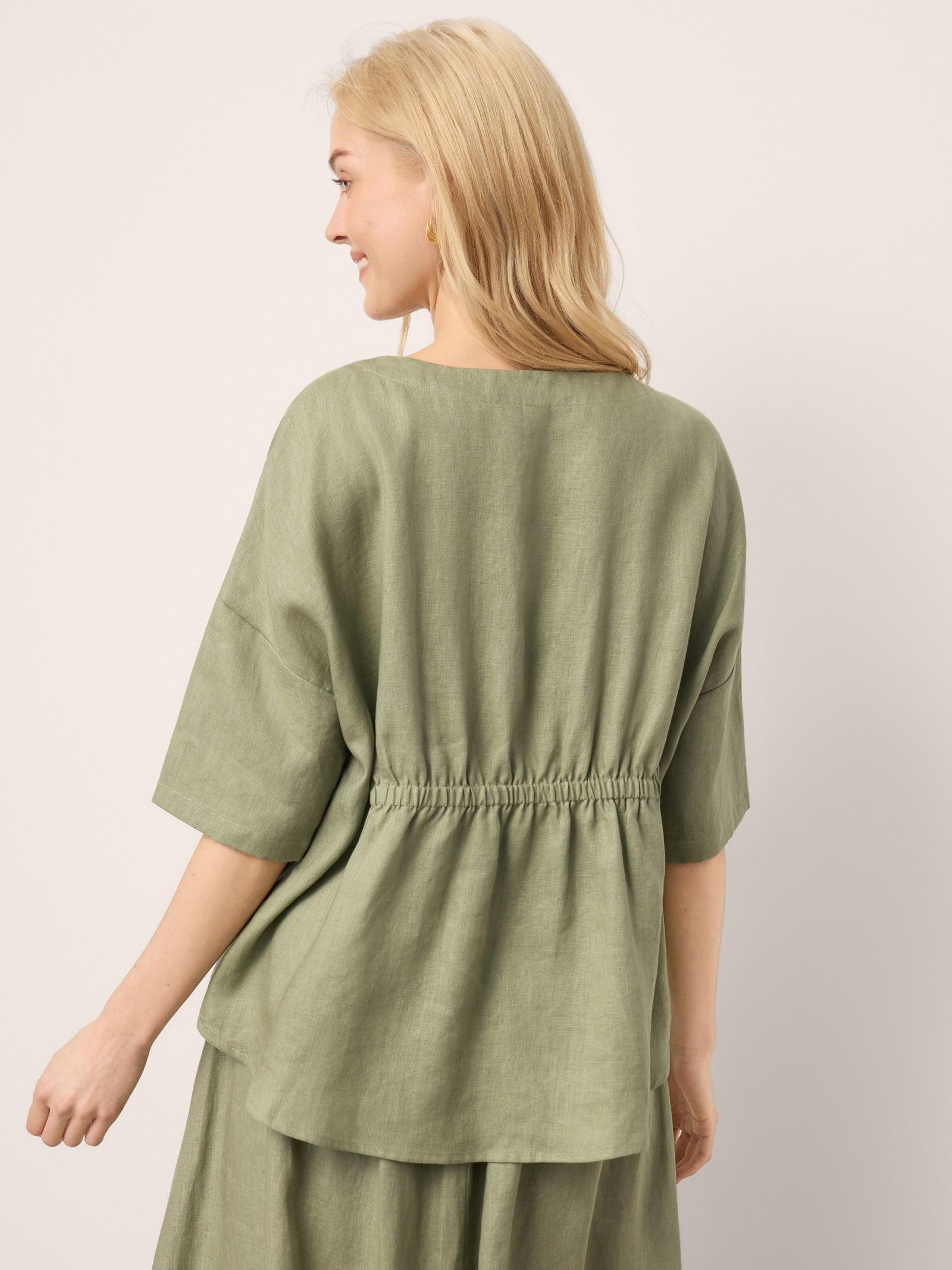 100% Linen Drop Shoulder Shirred Back High-Low Hem Top LINDSEY - Glamourous Grace