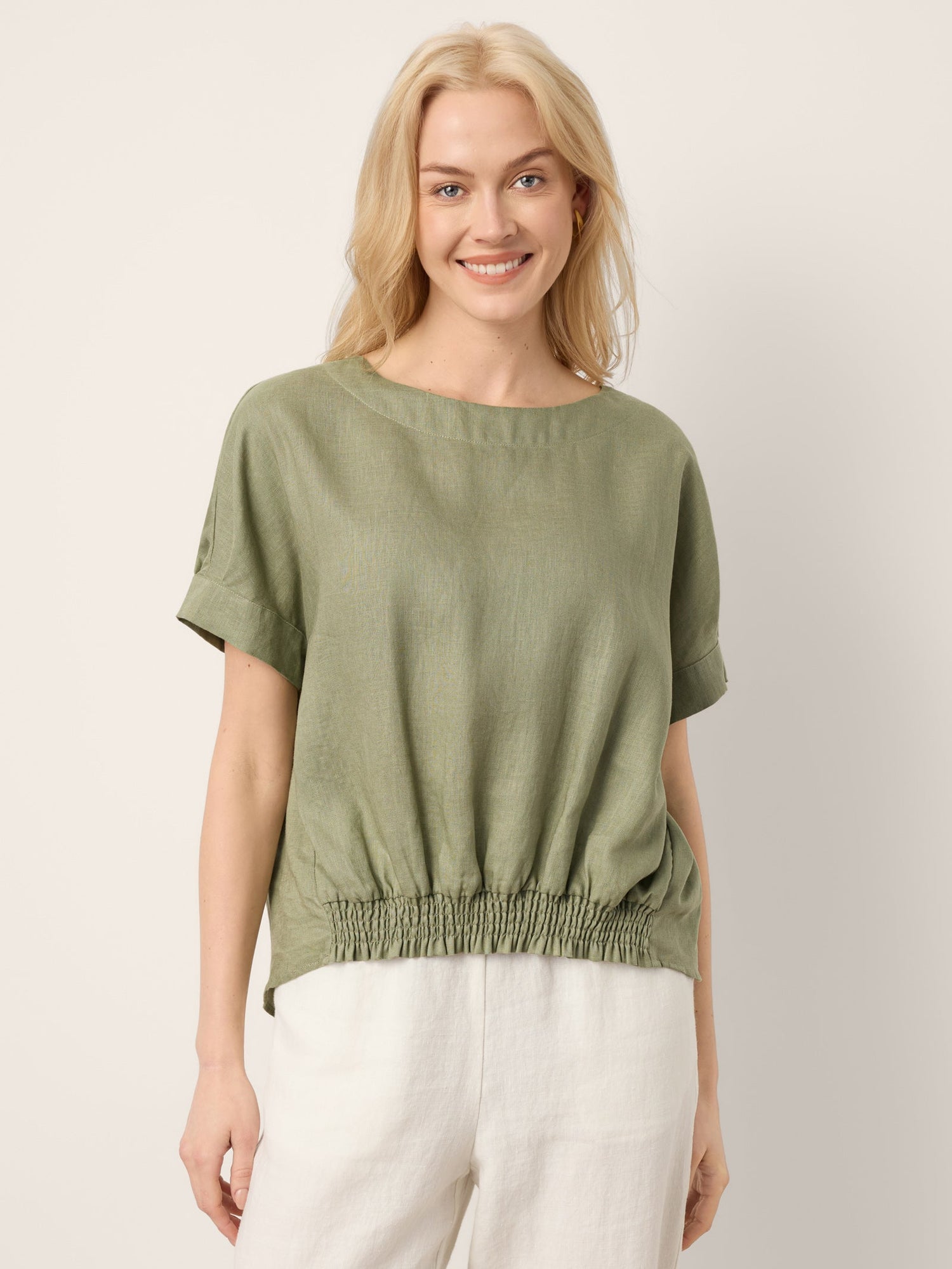 100% Linen Drop Shoulder Split-Back Double Shirred Hem Top LINDSEY - Glamourous Grace